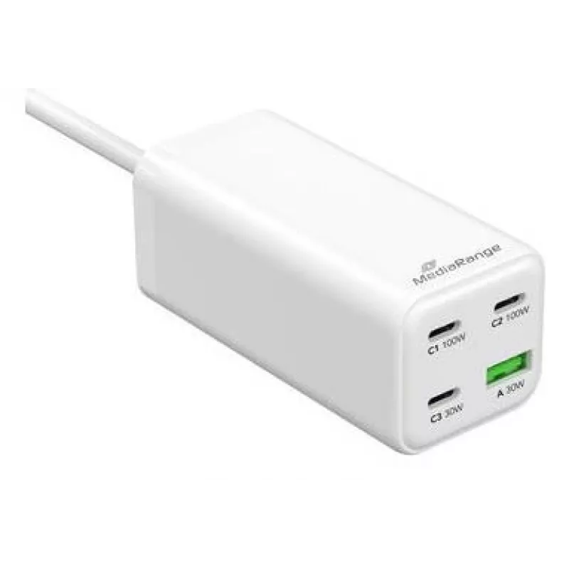 MediaRange MRMA124 mobiles Ladegerät 100W AC, 3x USB-C, 100–240V Eingang, 1,5 m Kabel, Weiß