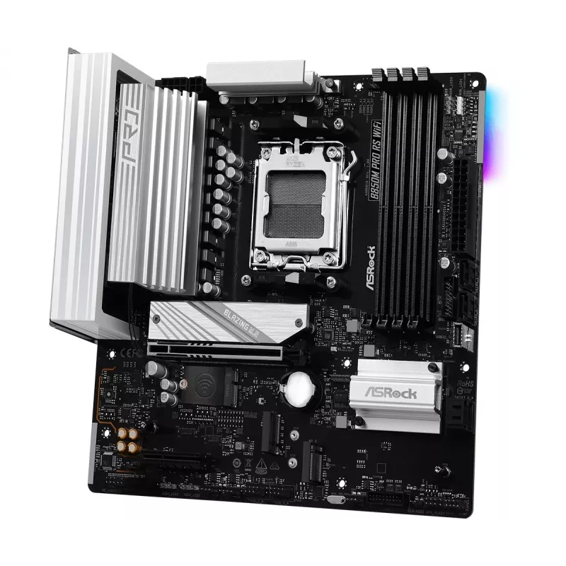ASRock B850M Pro RS WiFi Mainboard — AMD B850, Socket AM5, microATX, DDR5, 4 DIMM, 256GB, Wi‑Fi 6E, 2.5Gb LAN, 3x M.2