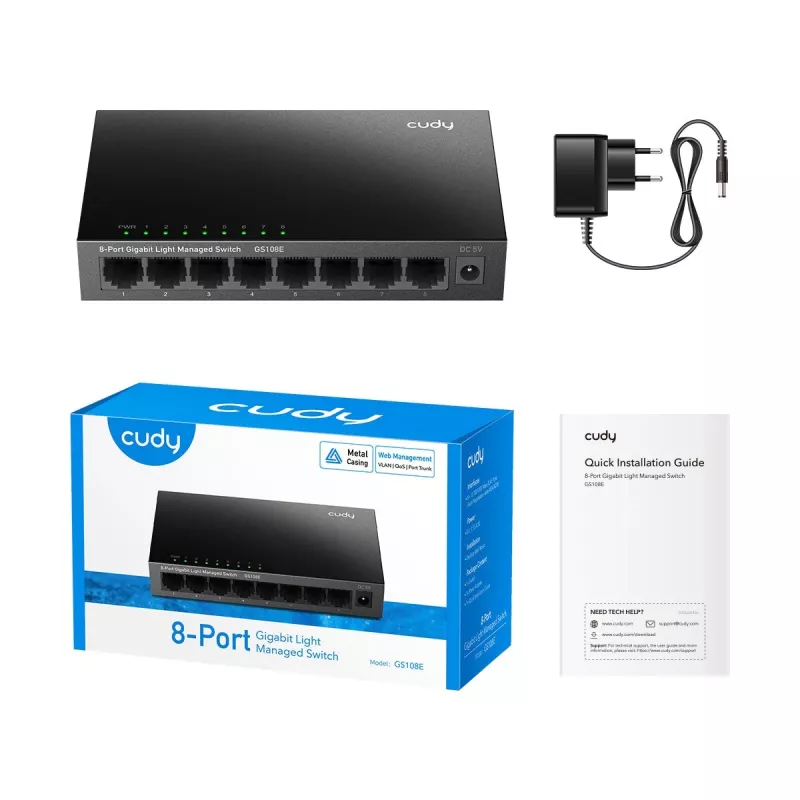 Managed Switch Cudy GS108E 8-Port Gigabit Ethernet, 8x 10/100/1000 Mbps, Metallgehäuse, 16 Gbps Switching, IGMP & DHCP Snooping