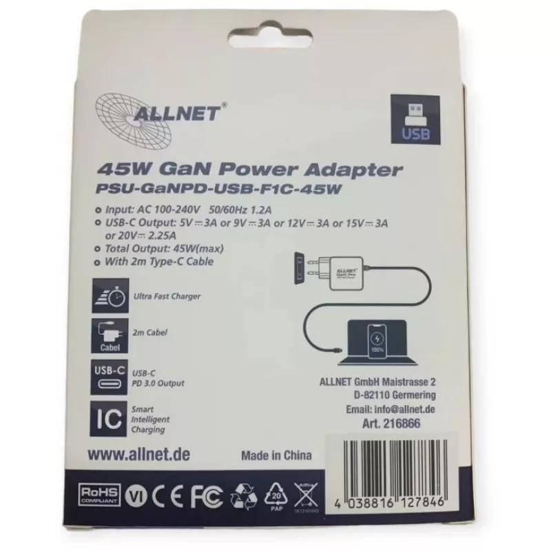 Netzteil ALLNET PSU-GaNPD-USB-F1C-45W 45W USB-C PD Ladegerät mit 2 m Kabel und EU-Stecker