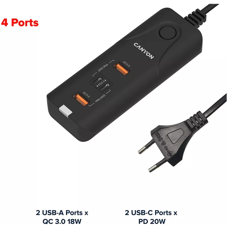 CANYON Ladegerät H-10 PD 20W QC 3.0 18W 2USB-A 2USB-C Tisch Schwarz