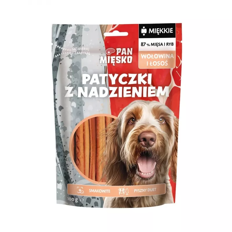 Hundeleckerlis Pan Miesko Rind- und Lachsfüllung für ausgewachsene Hunde 100 g — Hypoallergener Ergänzungssnack, Eiweiß 28 %, Fett 20 %