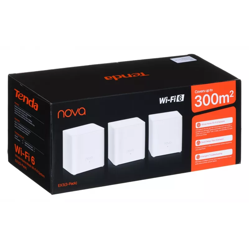 Mesh-WLAN-System TENDA EX3-3, 3er-Pack, Dualband 2,4/5 GHz, Wi‑Fi 6, bis zu 1201+300 Mbit/s, 2 interne Antennen, WPA3