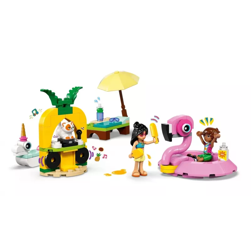 Konstruktionsspielzeug LEGO Friends Set 42658 Poolparty mit Einhorn und Flamingo, Figuren und Zubehör