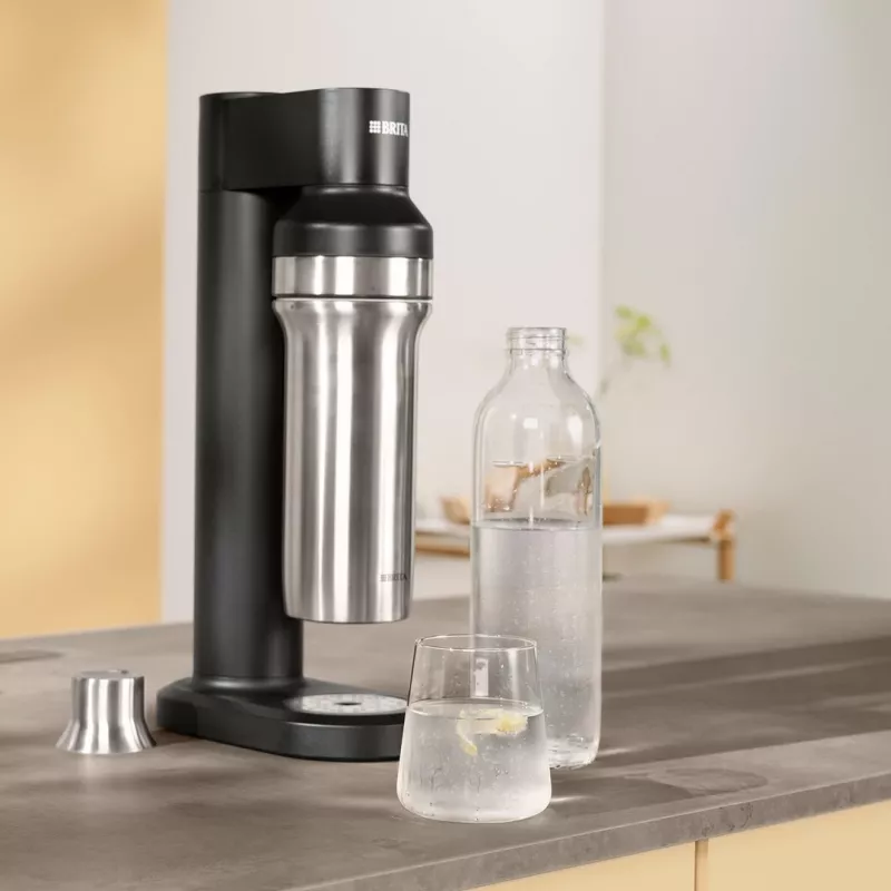 Karbonisierflasche BRITA 118426 – 1 L Glasflasche mit Edelstahlkappe, 287 mm Höhe, 2er-Pack