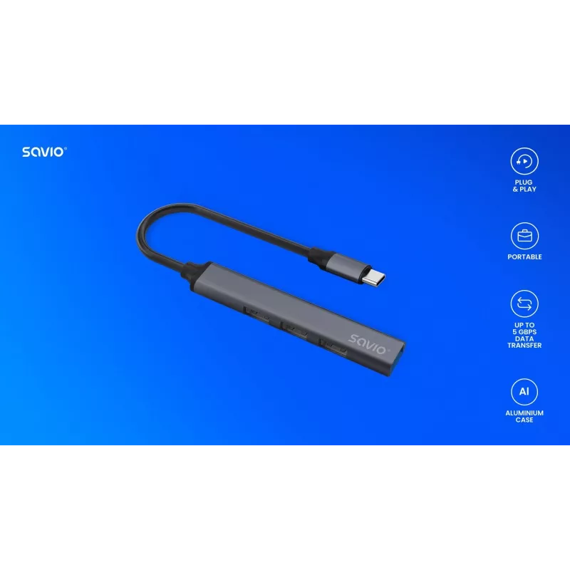 USB 3.0 4-Port Schnittstellen-Hub SAVIO AK-71 mit USB-C Host, 5000 Mbit/s, 2 Jahre Garantie