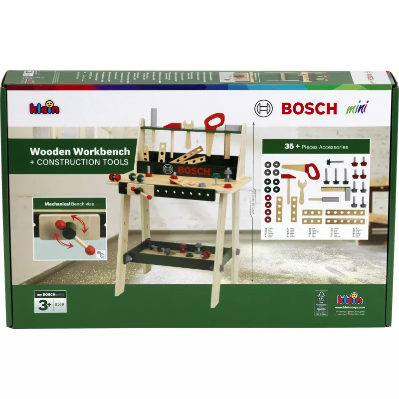 Holzwerkbank für Kinder Theo Klein Bosch Modell 8169 mit mittelgroßer Kiefernholz-Arbeitsplatte und Spielwerkzeugen