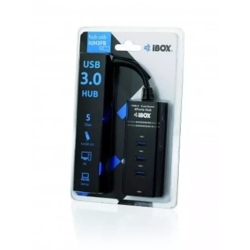 USB 3.2 Gen 1 Type-A 4-Port Hub IBOX IUH3FB, 5000 Mbit/s, schwarz, 0,5 m Kabel