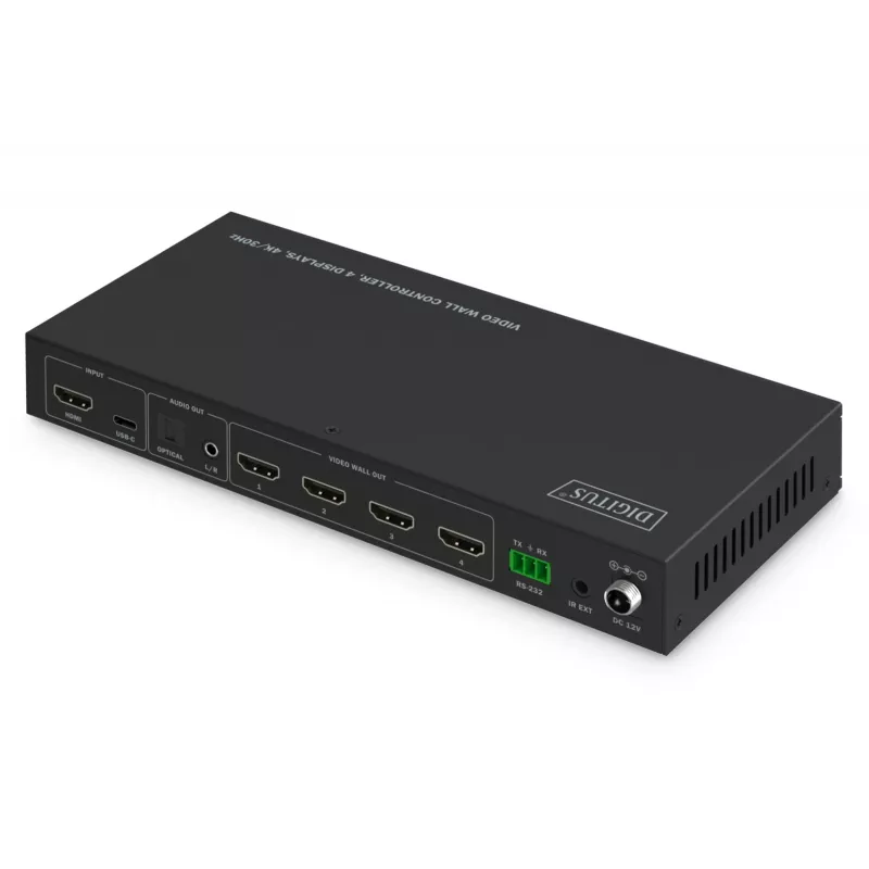 Video Wall Controller DIGITUS DS-55358 – 4 Displays, bis zu 4K (3840×2160) @30Hz, DisplayPort 1.2a, Metallgehäuse, Tastensteuerung