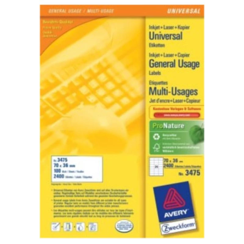 Avery Mehrzweck-Etiketten Laser Kopierer Inkjet 24 pro Blatt 70x36mm