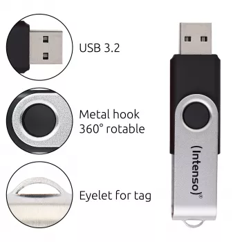 Intenso USB-Stick Office Line, 64 GB, USB-A, 3.2 Gen 1x1, Schwarz-Silber, 64 GB, USB Typ-A, 3.2 Gen 1 (3.1 Gen 1), Drehring, Schwarz, Silber