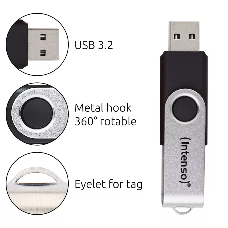 Intenso USB-Stick Office Line, 64 GB, USB-A, 3.2 Gen 1x1, Schwarz-Silber, 64 GB, USB Typ-A, 3.2 Gen 1 (3.1 Gen 1), Drehring, Schwarz, Silber