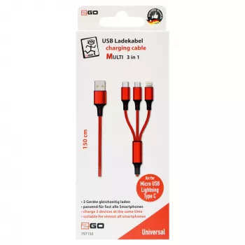 USB-Kabel 2GO 797150 1,5m USB B USB C/Micro-USB B/Lightning Rot