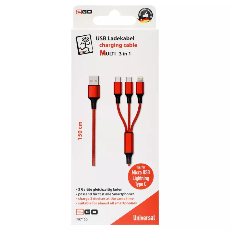 USB-Kabel 2GO 797150 1,5m USB B USB C/Micro-USB B/Lightning Rot