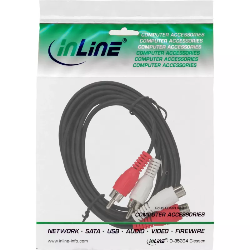 InLine Audiokabel 2x RCA Stecker / Buchse 20m, 2 x RCA, Stecker, 2 x RCA, Buchse, 20 m, Schwarz