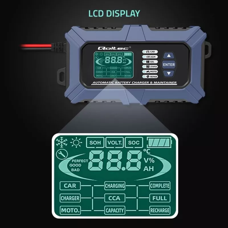 Qoltec Smart Microprocessor Battery Charger mit Batterietester und 12V-Reparaturfunktion | 6A | LCD | Batterieladegerät für AGM LiFePO4 GEL Batterie