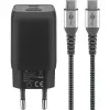 USB-C Fast Charger Nano, PD, GaN, 65 Watt, USB-C Braided Kabel (schwarz, 1x USB-A, 2x USB-C PD, Quick Charge 3.0, 1 Meter Kabel)