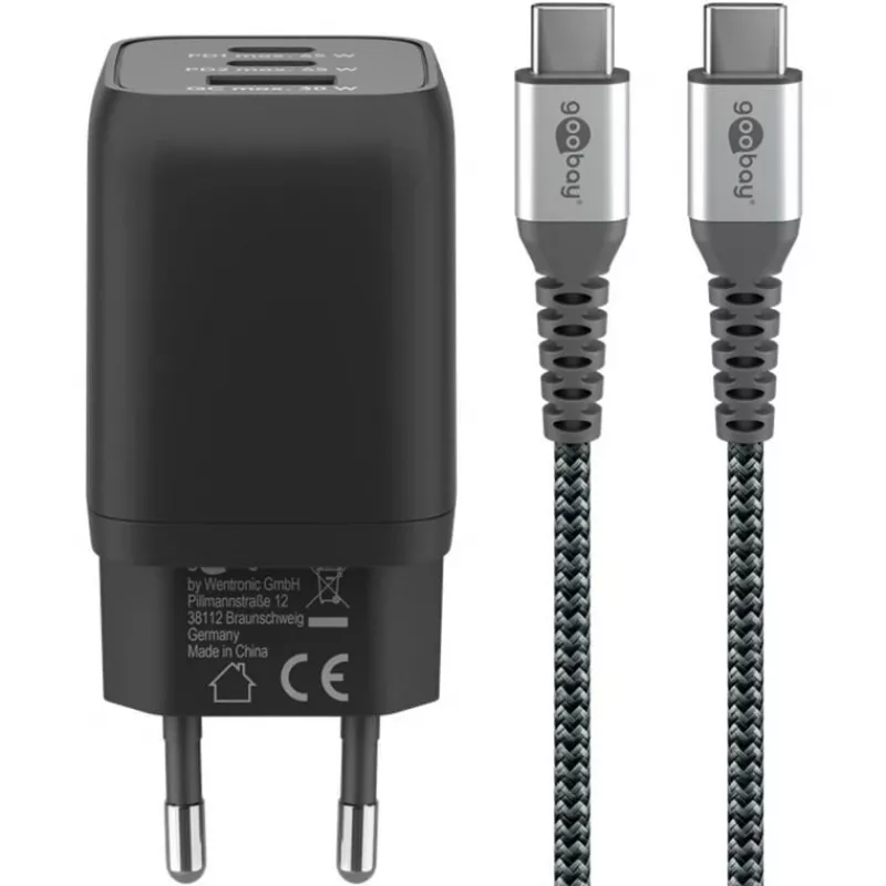 USB-C Fast Charger Nano, PD, GaN, 65 Watt, USB-C Braided Kabel (schwarz, 1x USB-A, 2x USB-C PD, Quick Charge 3.0, 1 Meter Kabel)