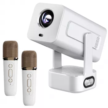 EXTRALINK SMART Projektor CINEMA&KARAOKE IMS360 1920X1080P ANDROID 13 Projektor für Filme, Spiele und Musik MIT 2 MIKROFONEN Weiß 300 Lumen LCD