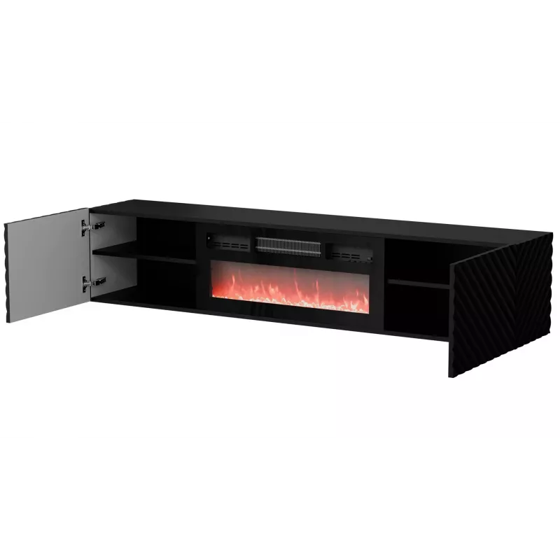 TV-Schrank Cama Meble LARA 183x35x37 cm schwarz matt mit eingebautem elektrischem Kamin