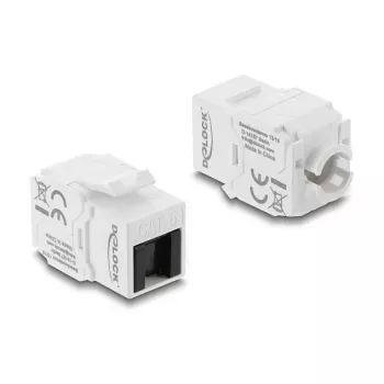 Keystone-Modul DELOCK RJ45 auf LSA Cat.6 UTP werkzeugfrei mit Staubschutzkappe, flach, 16×31,8×19,4 mm, Weiß/Schwarz