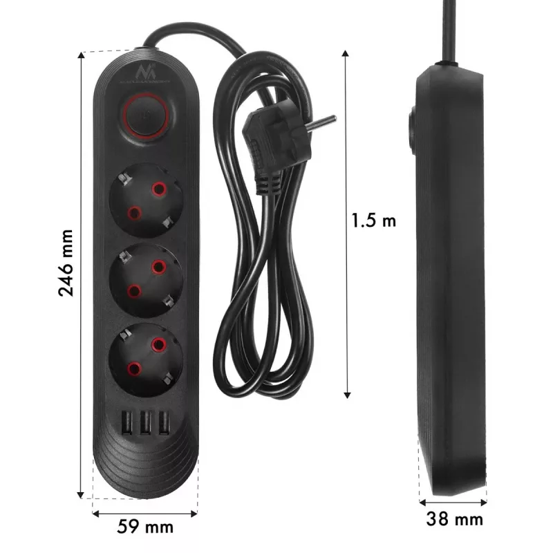 Steckdosenleiste MACLEAN MCE394 B — 3 Steckdosen + 3×USB A, 110–240V, 2,1A USB, 2500W, 1,5 m Kabel, schwarz