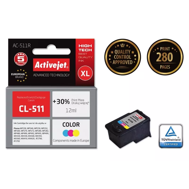 Tintenpatrone ActiveJet AC-511R kompatibel für Canon CL-511, farbstoffbasiert CMY, hohe (XL) Kapazität 12 ml, Einzelpackung