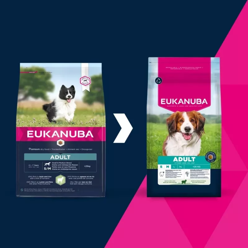 Trockenfutter für Hunde EUKANUBA Small/Medium Breed Adult Lamb & Rice 12 kg, 25% Protein, 15% Fett