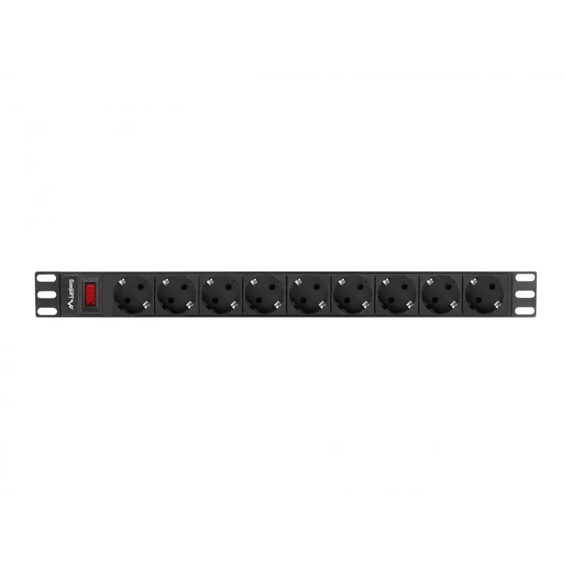 Stromverteilereinheit LANBERG PDU-09F-0300-BK — 9x Typ-F-Steckdosen, 3 m Kabel, Aluminiumgehäuse, 10 A