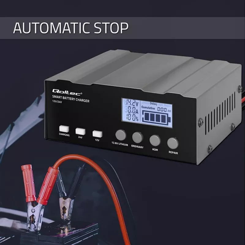 Batterieladegerät QOLTEC 52491 Mikroprozessor 12V/12,6V/24V mit LCD