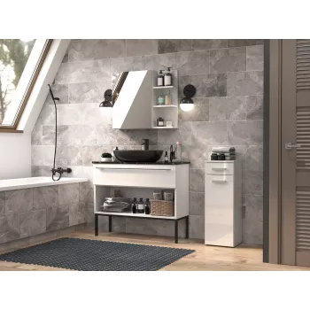 Badezimmer-Standschrank top e shop NEL V DS BIEL POŁ — freistehend, 3 Einlegeböden, 300×300×850 mm, weißes Gestell