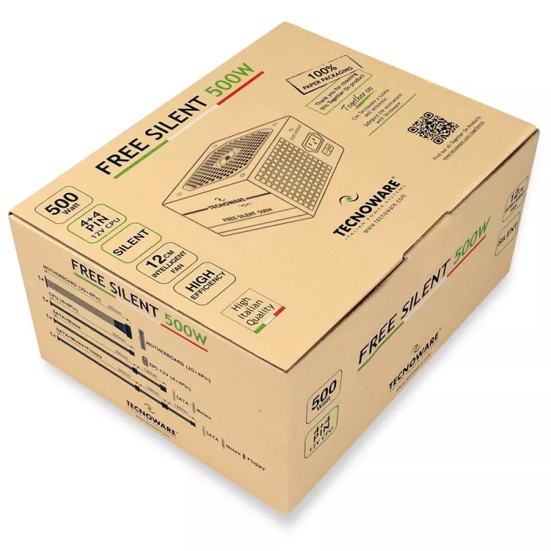 Netzteil TECNOWARE Free Silent 500 W — ATX, 20+4-Pin, 120-mm-Lüfter, 86% Effizienz