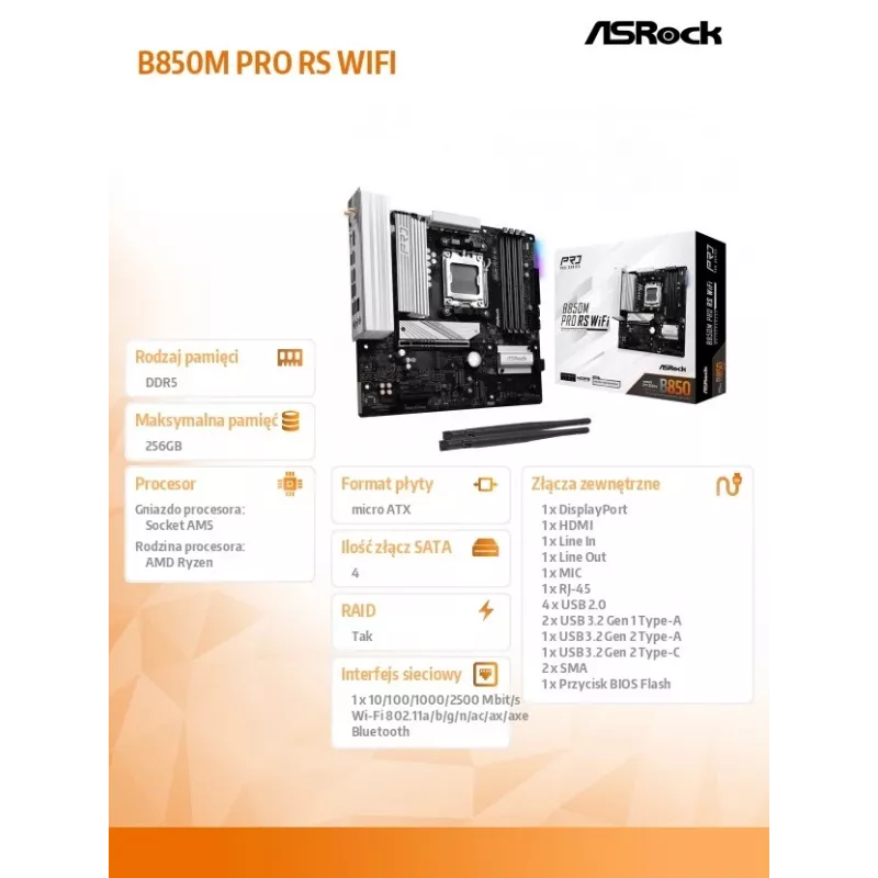 ASRock B850M Pro RS WiFi Mainboard — AMD B850, Socket AM5, microATX, DDR5, 4 DIMM, 256GB, Wi‑Fi 6E, 2.5Gb LAN, 3x M.2