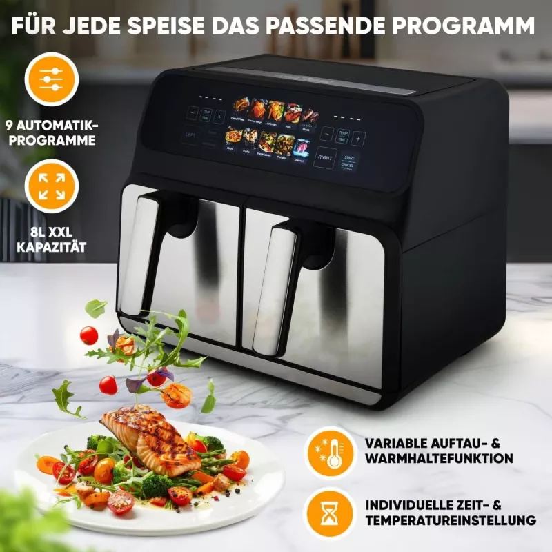 Heißluftfritteuse ProfiCook PC-FR 1287 H — Doppel-8 L, 2200 W, Touch-LED, schwarz/Edelstahl