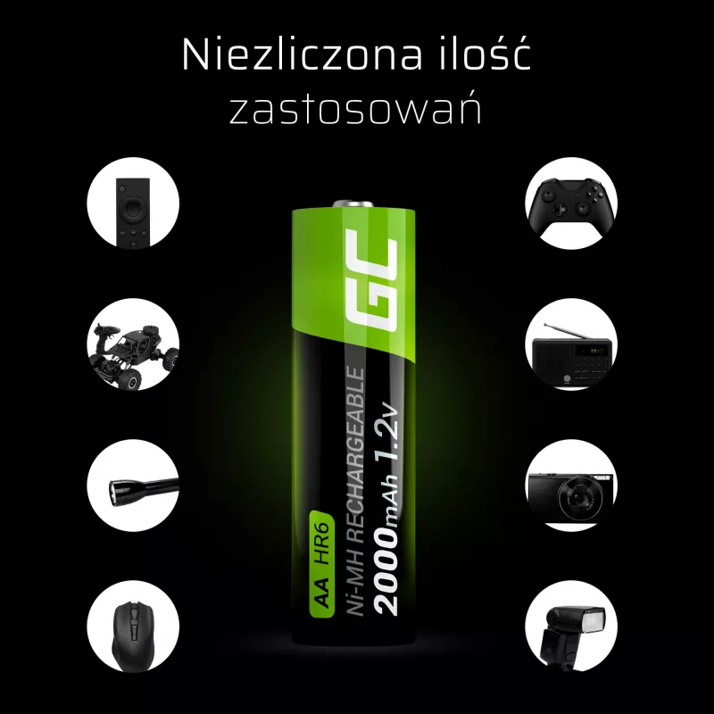 Wiederaufladbare Batterie Grün Cell GR06 AA NiMH 1,2 V 2000 mAh, 2 Stück, 50,5 mm