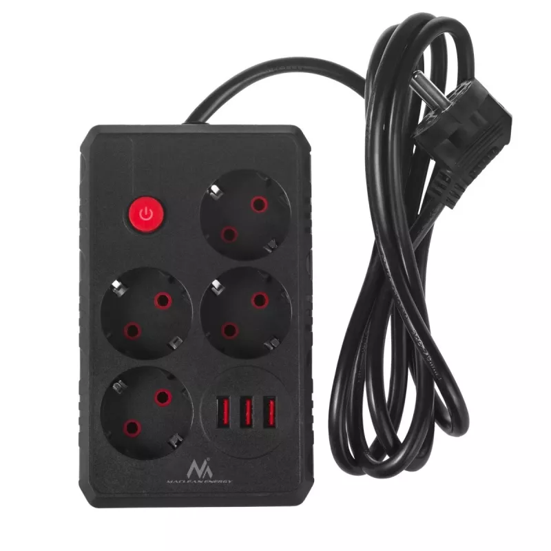 Steckdosenleiste MACLEAN MCE392 B — 4 Steckdosen, 3×USB, 110–240V, 2,1A, 2500W, 1,5 m Kabel, schwarz