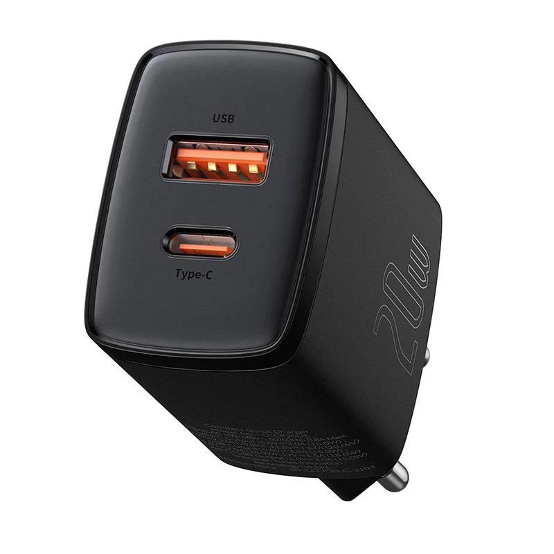 Indoor USB-Schnellladegerät Baseus CCXJ-B01 – 2 Ports (USB-C PD 20W + USB-A QC3.0 18W), 100–240 V, Schwarz