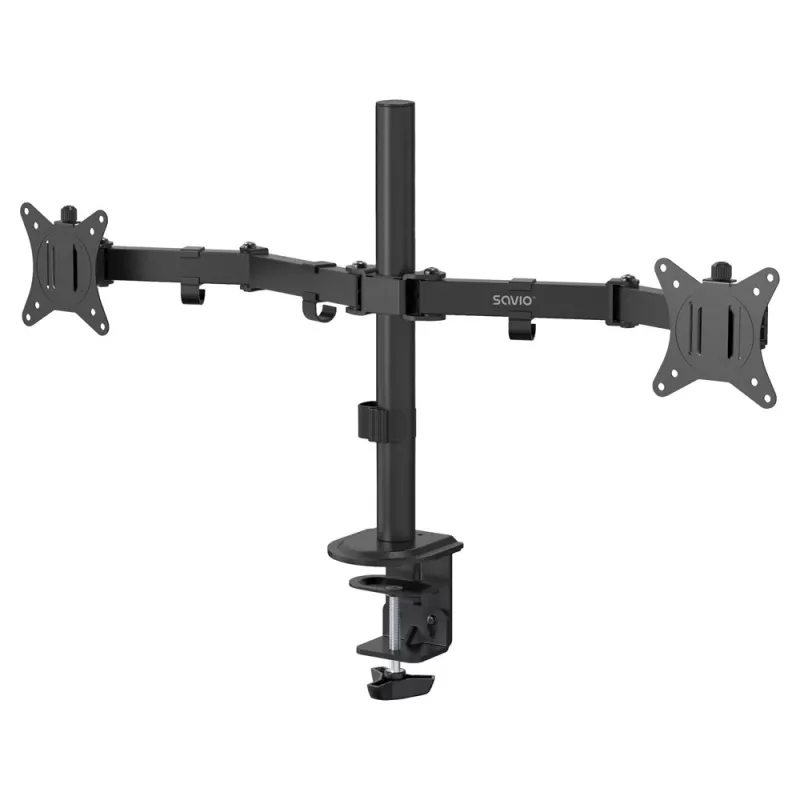 Monitor-Tischhalterung SAVIO UM-03 Schwarz, duale Monitorklemme, VESA 100x100, unterstützt 17 Zoll–32 Zoll, Höhe/Neigung/Schwenkung/Drehung