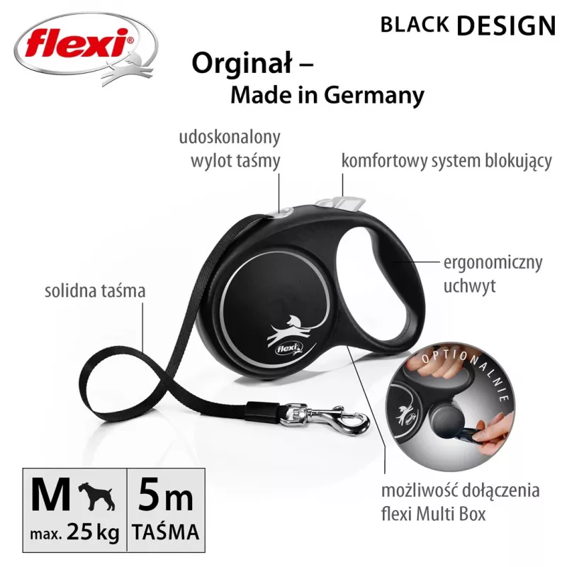 Flexi Schwarz Design M, Rollleine mit Band, 5 m, für mittelgroße Hunde (10–25 kg), max. Belastung 20 kg
