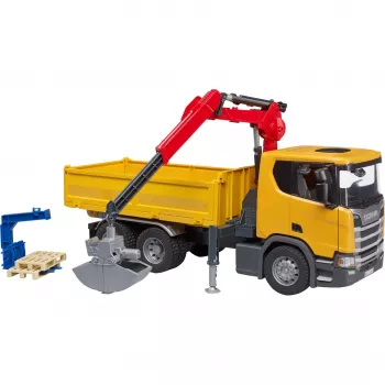 Spielzeug-Baulastwagen BRUDER Scania Super 560R mit Kran und 2 Paletten