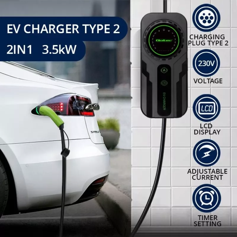 Mobiles Ladegerät für Elektrofahrzeuge QOLTEC 52468 Typ 2, 3,5 kW, 16 A, 5 m Kabel, IP65