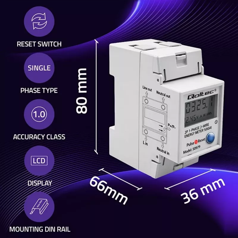 Energiezähler QOLTEC Einphasig DIN-Schiene 230V (MPN 50979)