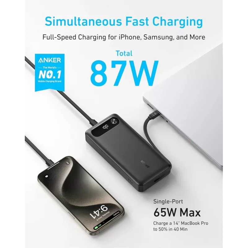 Tragbares Ladegerät Anker A1383011 — 20000 mAh, 1× USB-A + 1× USB-C, gesamt 3,6 A, schwarz