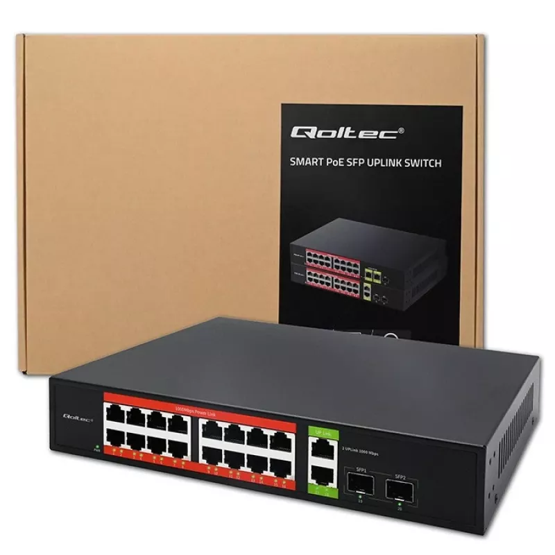 Netzwerk-Switch QOLTEC 52292 — Gigabit Ethernet PoE, 16x RJ45, 2x RJ45-Uplink, 2x SFP