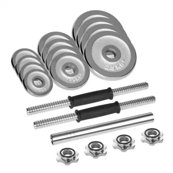 Verstellbare Kurzhanteln Rebel Chrom 20 kg mit Koffer und Hantelstangen (2) — Gewichtsscheiben 2,5 kg, 1,25 kg, 0,5 kg