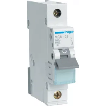 Hager MCN102. Bemessungsstrom: 2 A. Typ: C-Charakteristik, Modulanzahl (max.): 1 Modul(e). Breite: 17,5 mm, Tiefe: 70 mm, Höhe: 83 mm (MCN102)