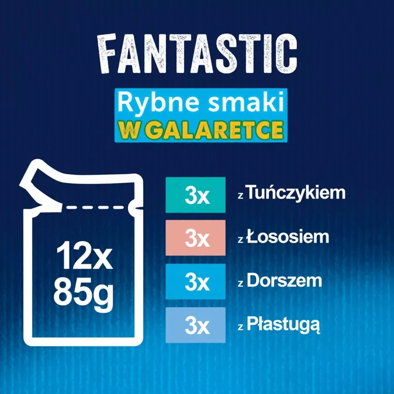 Nassfutter für Katzen Purina Nestlé FELIX Fantastic Fischgeschmack — Thunfisch, Lachs, Kabeljau, Scholle, 12×85 g Beutel