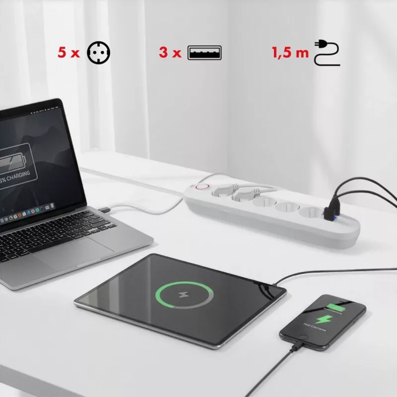 Mehrfachsteckdose MACLEAN MCE395 W — 5 Steckdosen, 3× USB A, 110–240 V AC, 2,1 A USB, max. 2500 W, weiß, 1,5 m Kabel