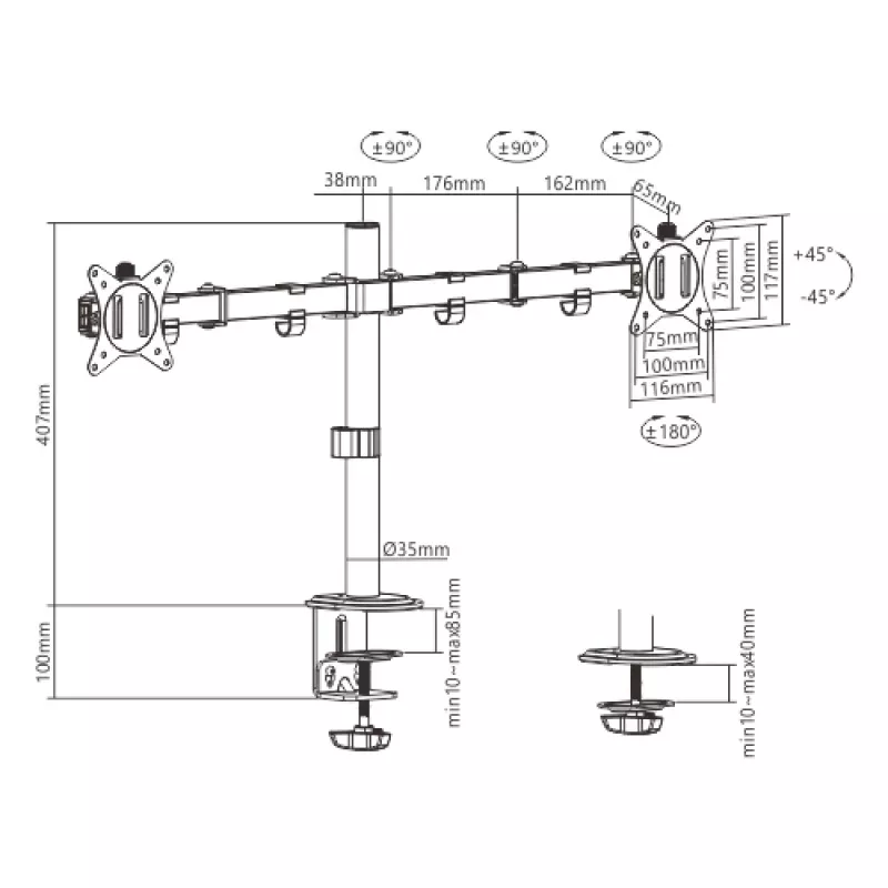 Monitorhalterung Gembird MA-D2-01 für 2 Bildschirme bis 32 Zoll, VESA 75x75–100x100, Klemme, 18 kg, schwarz