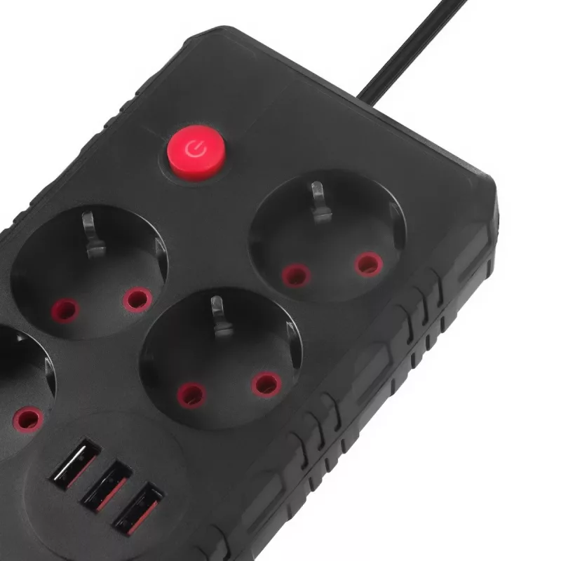 Steckdosenleiste MACLEAN MCE393 B — 4 Steckdosen, 3×USB, 110–240 V, 2500 W, 3 m Kabel, schwarz